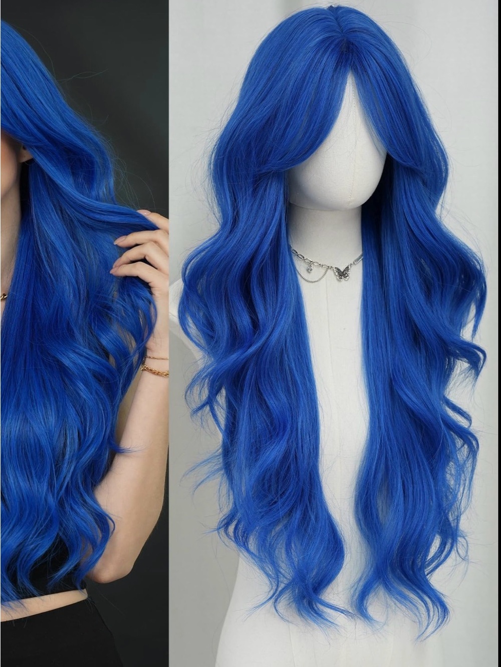 Blue Long Wavy Wig With Curtain Bangs